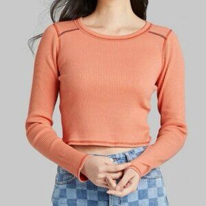 Mauby Ribbed Long Sleeve Crop Top Orange Contrast Stitch Fitted Tee Women’s S